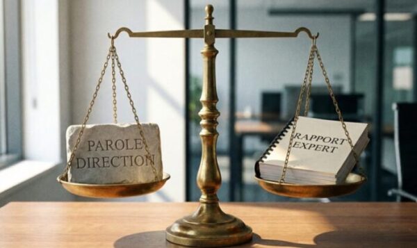 Photographie d'une balance à l'équilibre parfait : le plateau de gauche porte un poids 'PAROLE DIRECTION', le plateau de droite un dossier 'RAPPORT EXPERT', symbolisant le rétablissement du rapport de force pour le CSE.