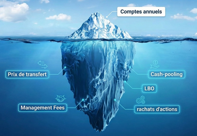 Infographie iceberg illustrant l'analyse financière d'entreprise : les comptes annuels en surface et les mécanismes cachés (prix de transfert, management fees, cash-pooling, LBO, rachats d'actions) en profondeur, analysés par l'expert CSE.
