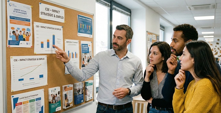 Un élu du CSE explique un graphique de croissance sur un tableau d'affichage à trois salariés attentifs, illustrant l'impact positif de la stratégie d'entreprise grâce à la consultation économique.
