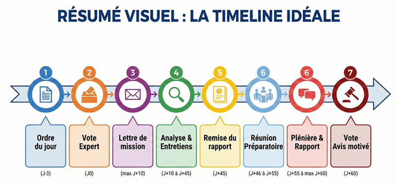 La timeline idéale : Étapes et calendrier de l'expertise CSE (Infographie) Infographie de type frise chronologique détaillant les étapes et les délais légaux d'une procédure d'expertise CSE, depuis l'ordre du jour (J-3) jusqu'au vote de l'avis motivé (J+60).