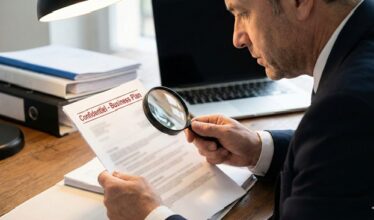 Un expert-comptable en costume utilise une loupe pour examiner attentivement un document portant la mention 