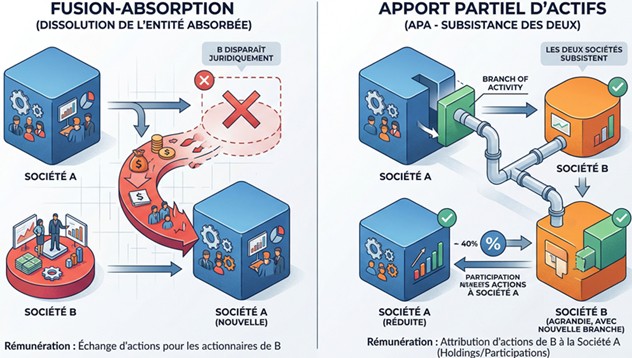 Schéma comparatif entre une fusion-absorption avec disparition du CSE et un apport partiel d'actifs avec maintien des entités juridiques.