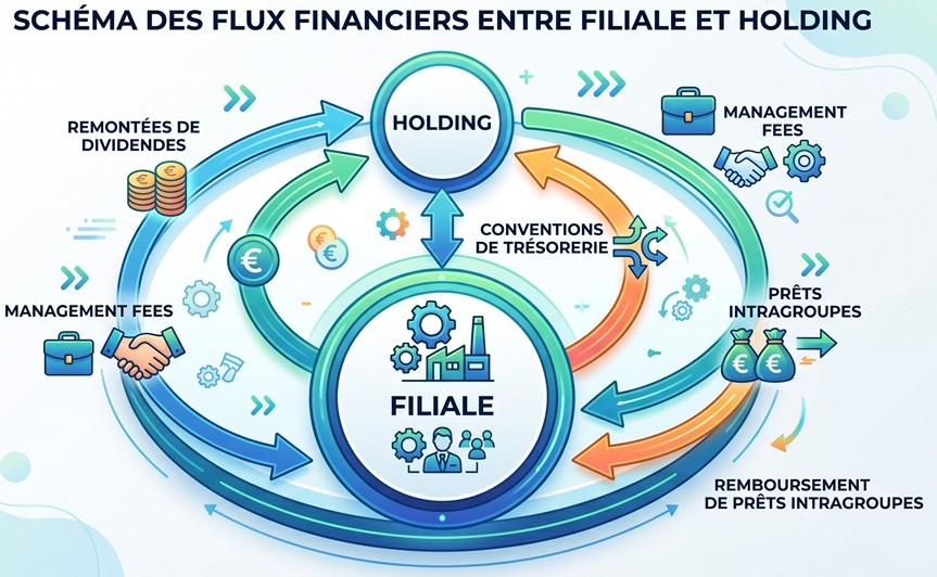 Schéma des flux financiers entre filiale et holding : management fees, dividendes, conventions de trésorerie et prêts intragroupes