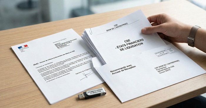 Photographie d'un dossier de clôture de CSE comprenant la lettre pour la DREETS et les comptes de liquidation agrafés, prêt à être envoyé.